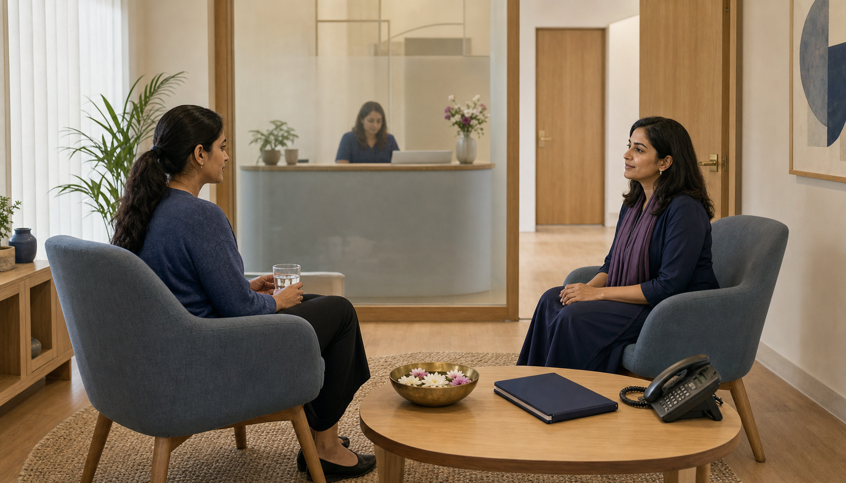 A woman speaks privately with a female safeguarding lead in a quiet consultation room while another staff member is visible beyond frosted glass.