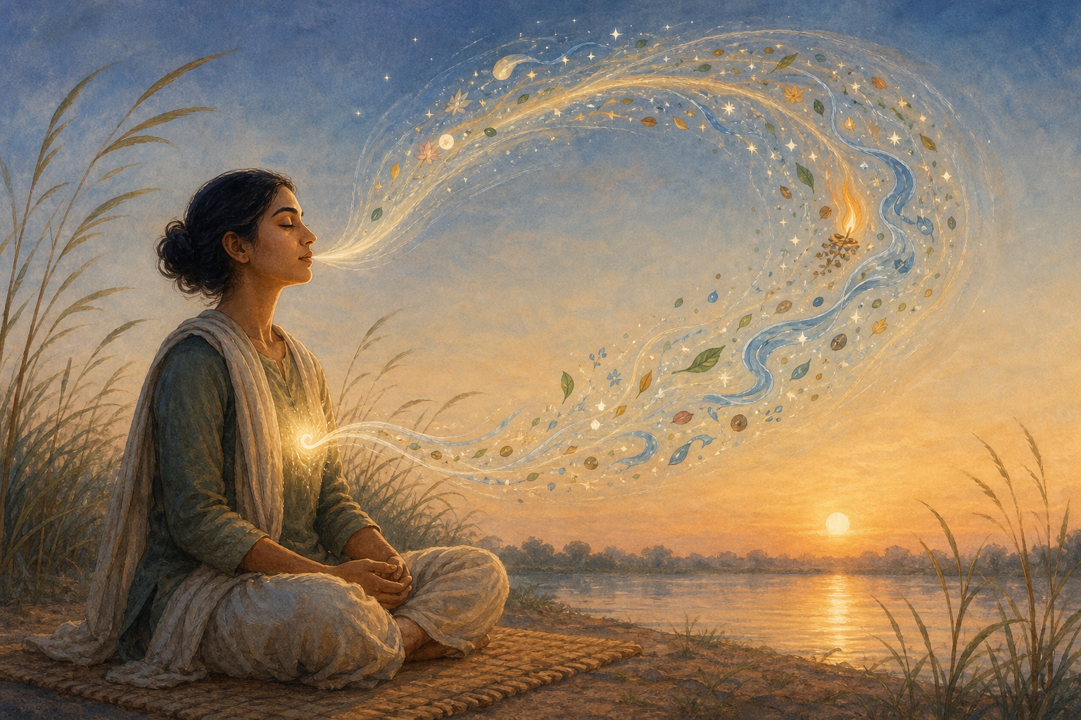 A seated person breathes beside still water as a luminous arc containing stars and elemental forms expands outward and curls back toward the chest.