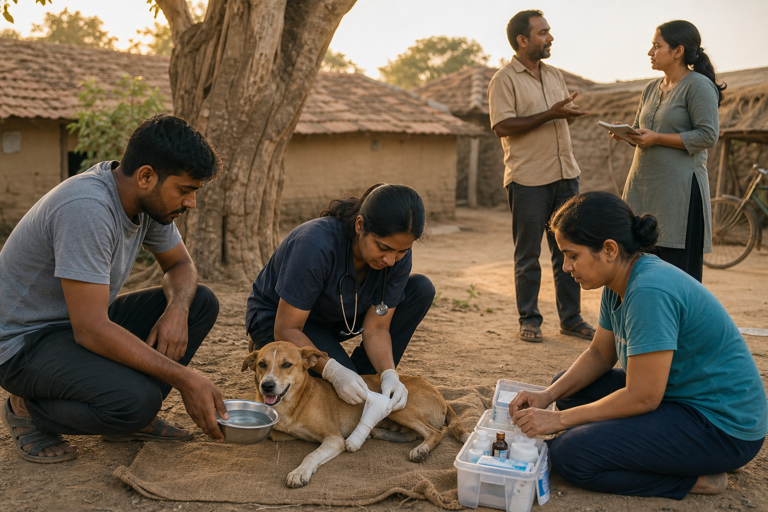 Volunteers and a veterinary professional coordinate care for an injured dog in a village setting.