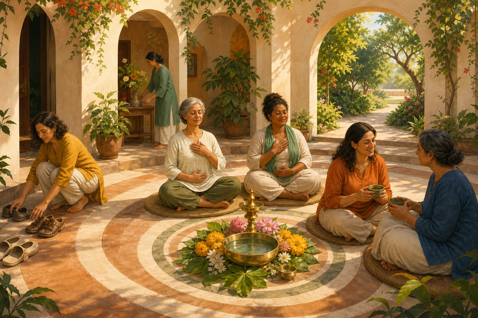 Women arrive, practise seated breathing, share tea, and leave through a circular courtyard arranged for a recurring wellbeing session.