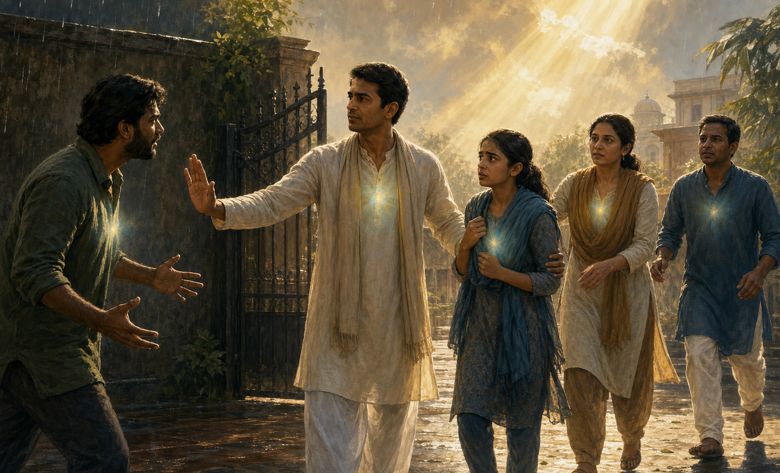 A calm adult raises an open hand to stop an agitated person while guiding a younger person to safety as two others approach through a rain-lit courtyard.