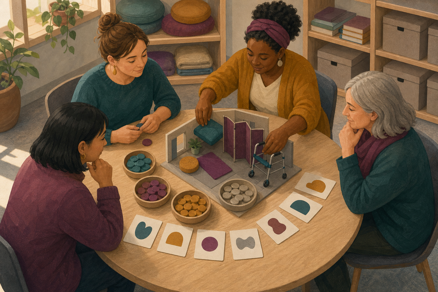 Four women review anonymous coloured feedback tokens and arrange additional cushions, a privacy screen, and an accessibility aid around a room model.