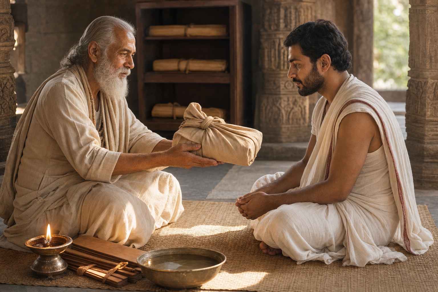 An elderly teacher carefully hands a wrapped palm-leaf manuscript bundle to an attentive student in a temple cloister.