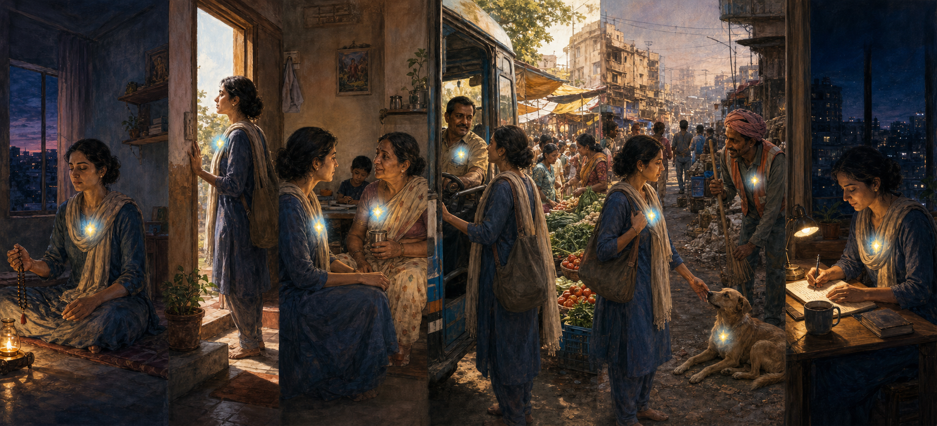 One practitioner is shown across a continuous day, beginning with prayer and then pausing attentively with family, a bus driver, market visitors, a worker, and a street animal before evening reflection.