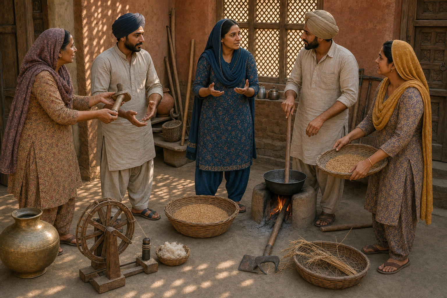 Women and men in a Punjabi courtyard share cooking, farming, and household tasks while speaking together at equal eye level.