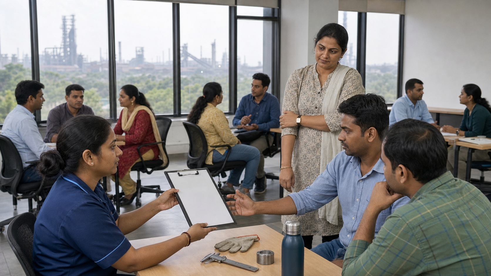 Employees from office, service, retail, and industrial roles practise a workplace handoff during a group training session in Bhilai.