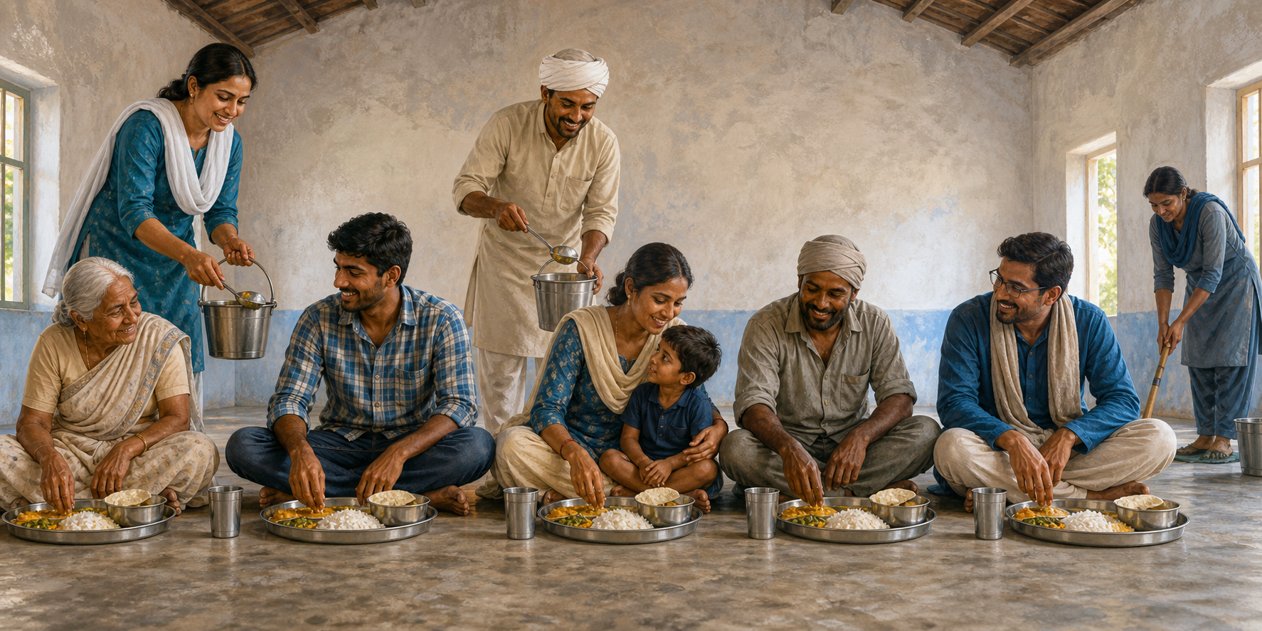 People of different ages and social backgrounds sit shoulder to shoulder in a pangat as a woman and a man serve equal meals.
