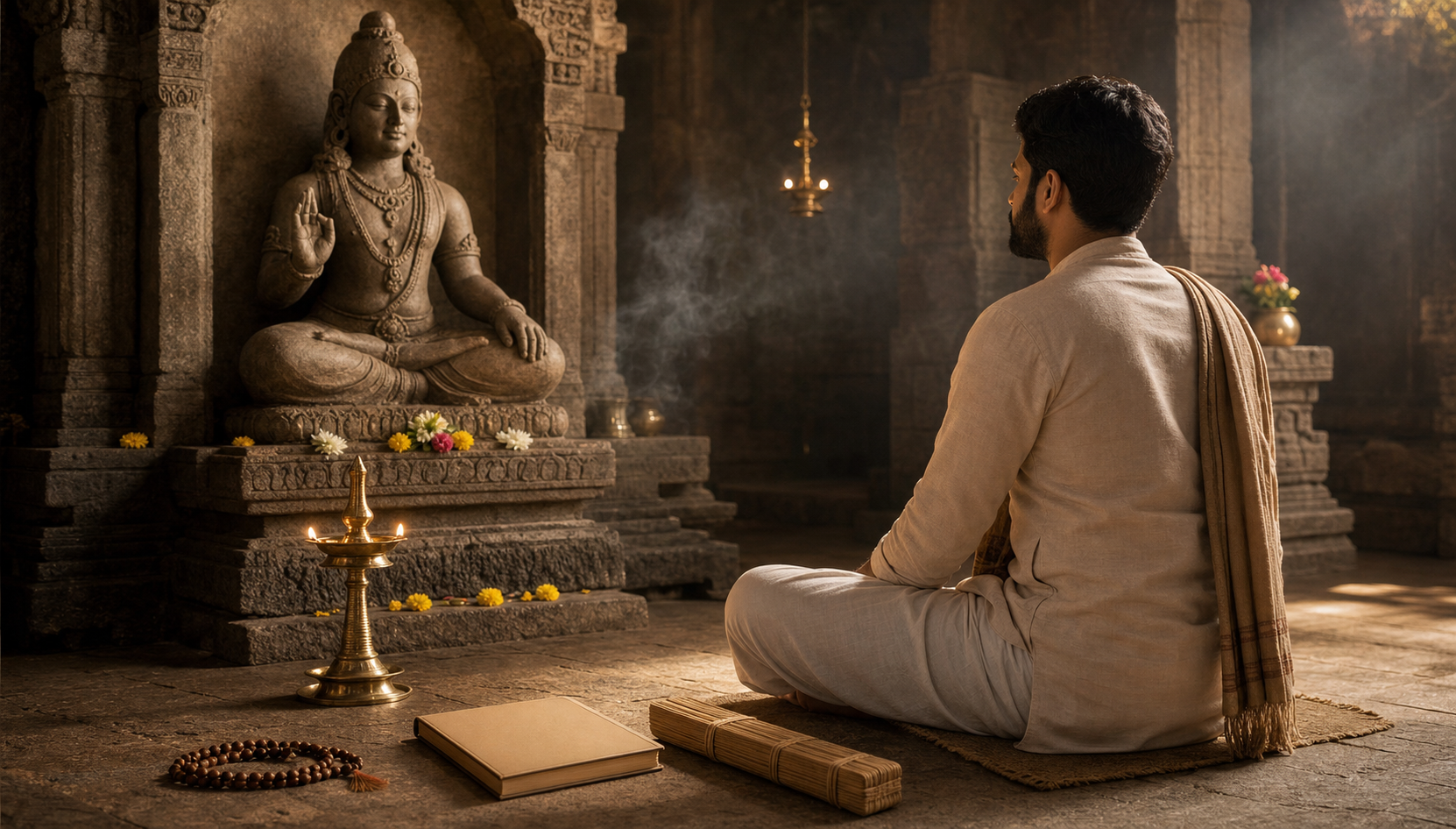 A seated devotee mirrors the calm posture of a Veda Shasta murti beside a lamp, mala, and wrapped manuscripts.