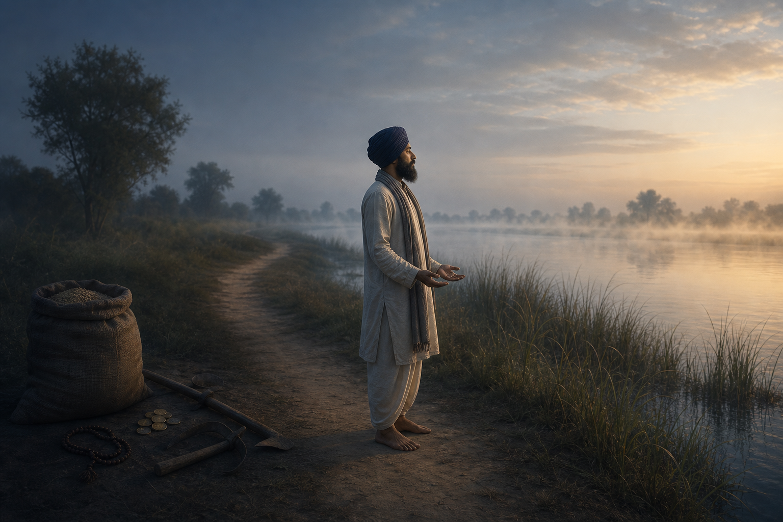 A person stands with open hands beside a misty river at dawn while coins, grain, prayer beads, and tools remain in shadow behind them.