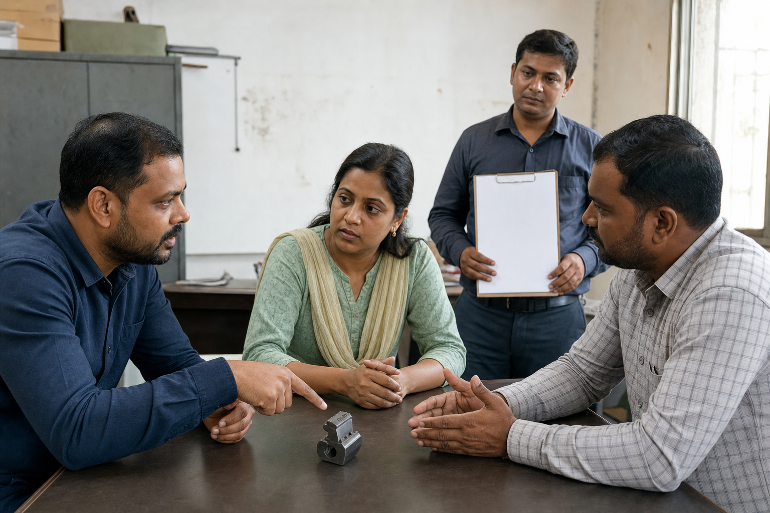 Three coworkers practise reporting a damaged component promptly while another participant observes the interaction.