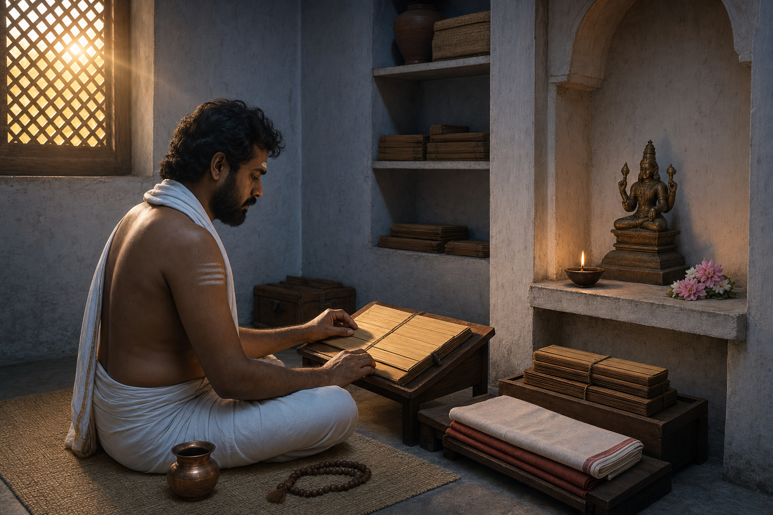 A practitioner follows a dawn study routine before a small Veda Shasta shrine with a lamp, mala, water vessel, and palm-leaf manuscript.