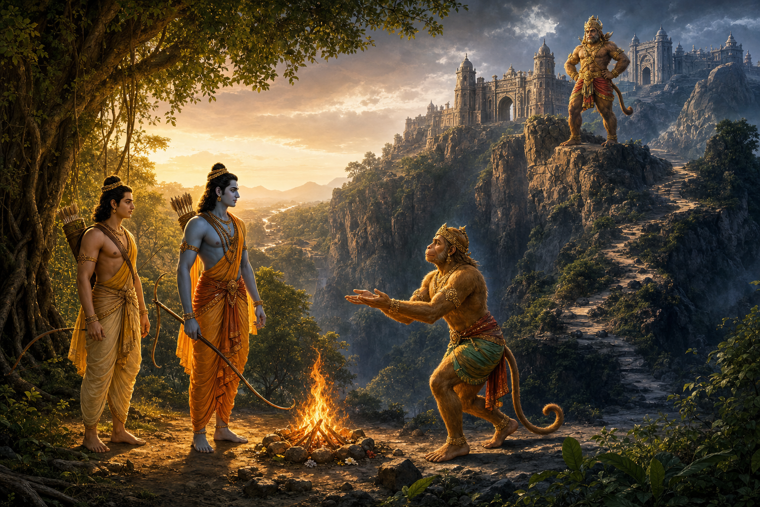 Rama and Lakshmana stand beside a sacred fire with the exiled Sugriva while the powerful Vali and Kishkindha appear on a distant ridge.