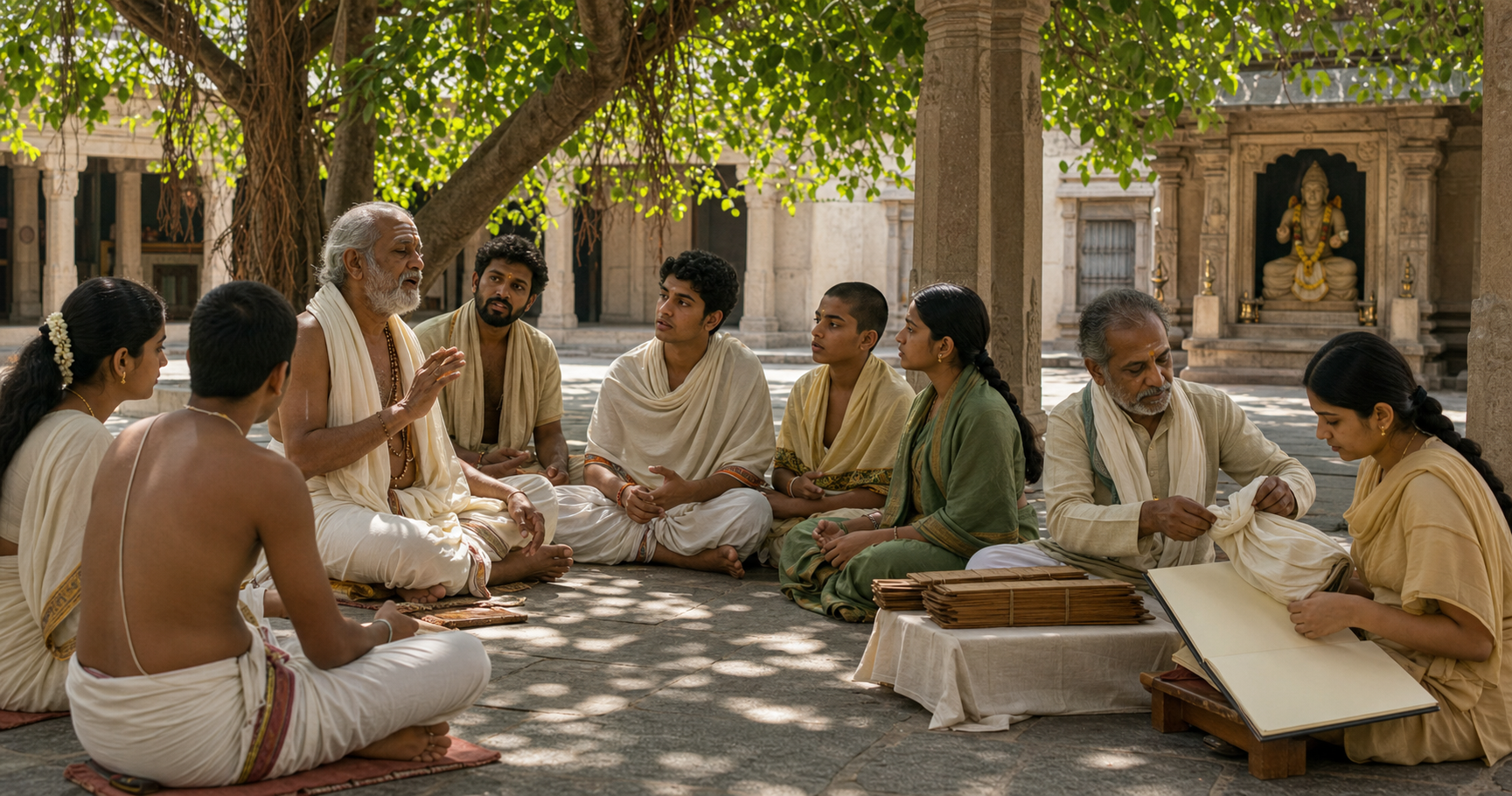 An elder leads students in oral recitation while nearby learners preserve and study palm-leaf manuscripts in a temple courtyard.