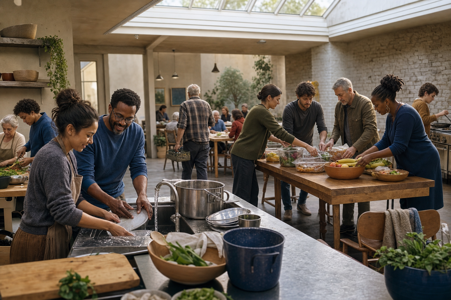 Women and men redistribute cooking, cleaning, planning, and serving duties together in a naturally lit community kitchen.