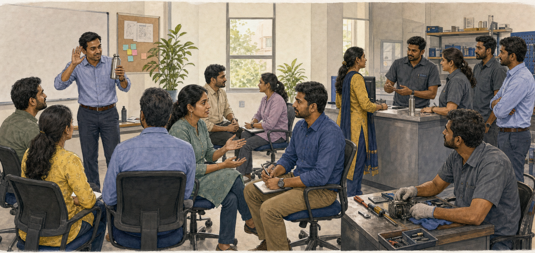 A continuous scene shows employees progressing from a short demonstration to paired practice and realistic workplace simulations.