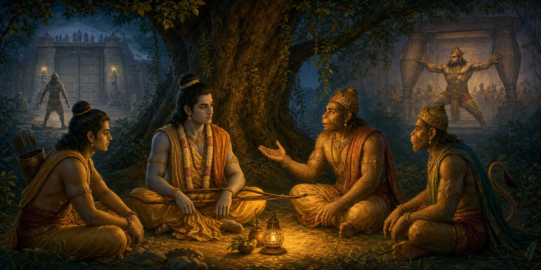 Rama listens to Sugriva in a forest council with Lakshmana and Hanuman while Kishkindha and the powerful Vali appear in the distance.