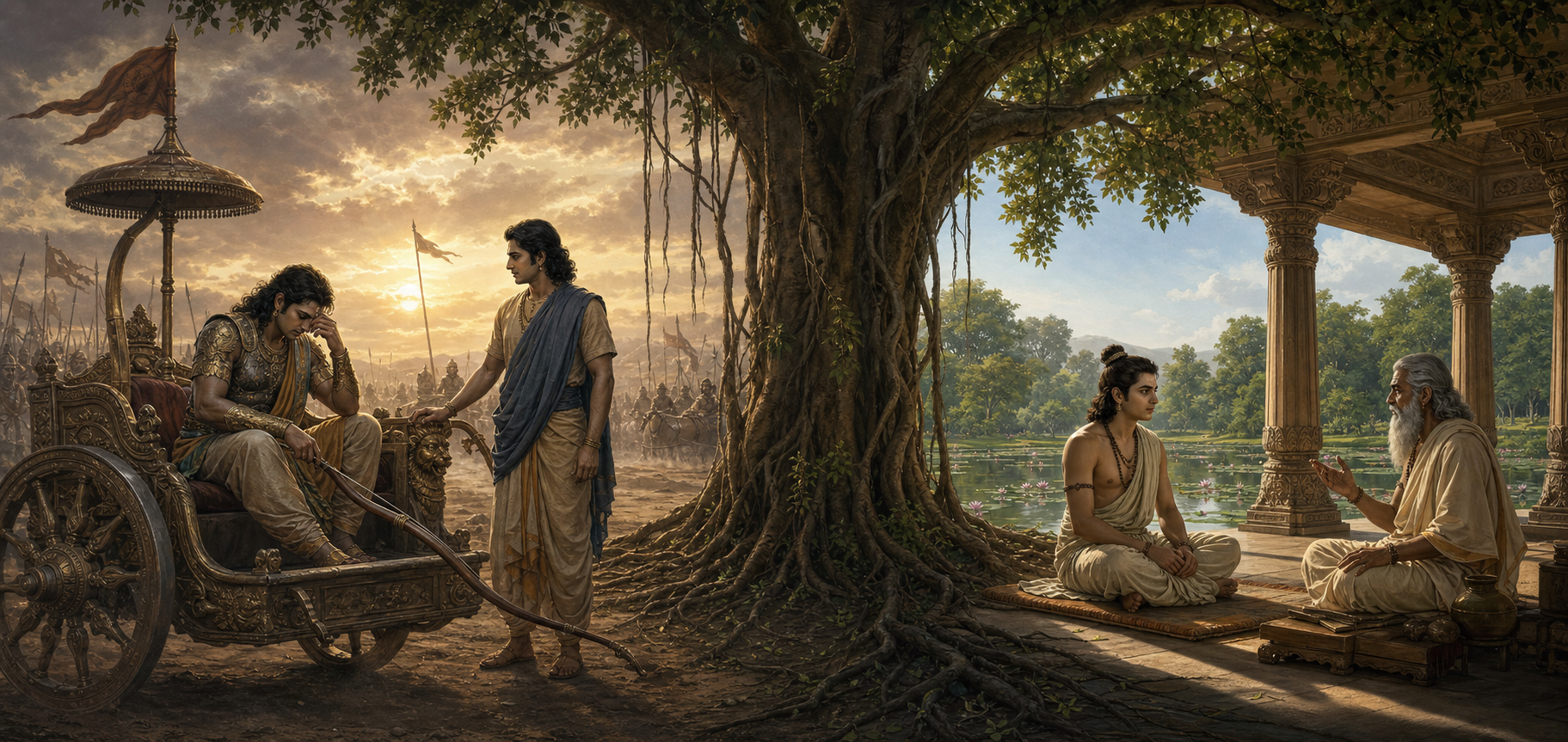 Arjuna lowers his bow beside Krishna on a turbulent battlefield while Rama sits calmly before the sage Vasistha in a peaceful pavilion.