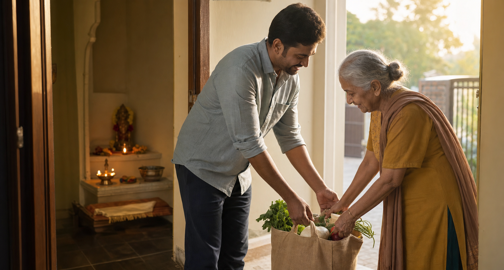 A person leaving a home prayer alcove helps an elderly neighbor carry a grocery bag in the morning light.