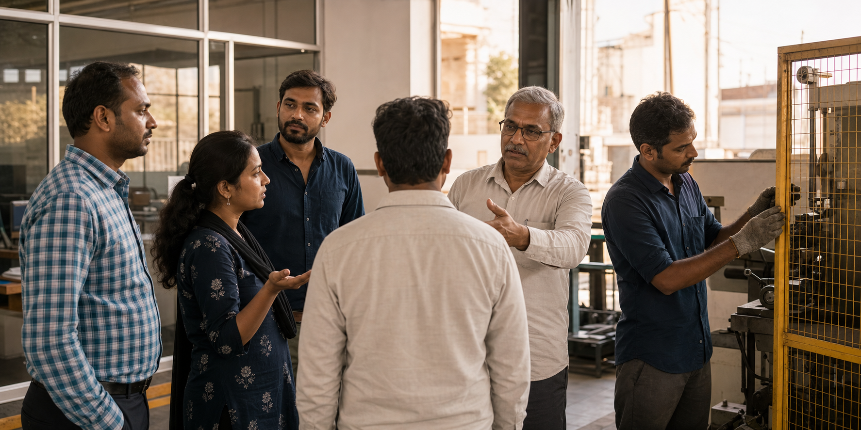 A Bhilai work team listens, assigns responsibility, checks safety equipment, and includes a quieter colleague during a planning huddle.