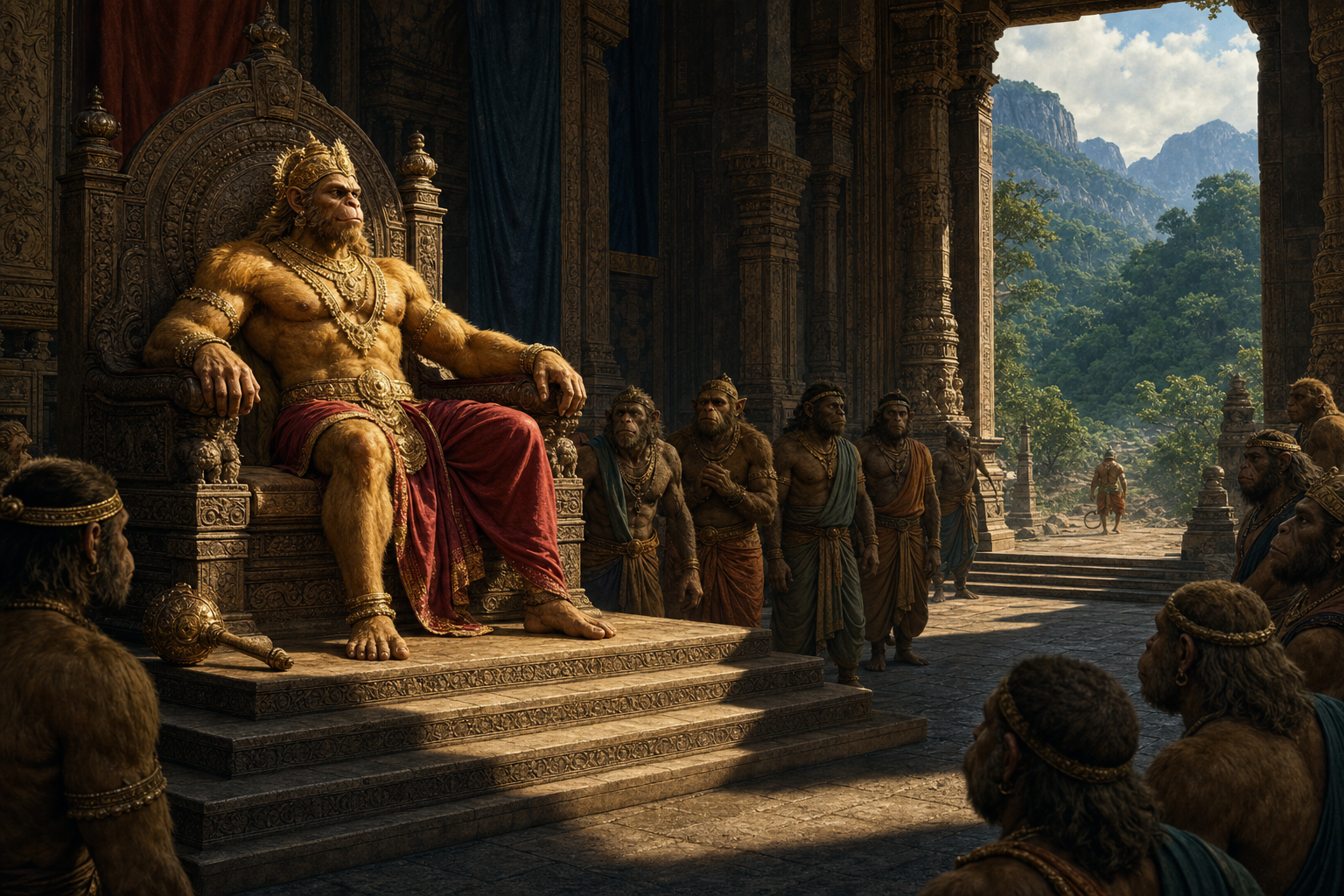 Vali sits alone on a high throne in Kishkindha while uneasy courtiers keep their distance and the exiled Sugriva remains outside the city.
