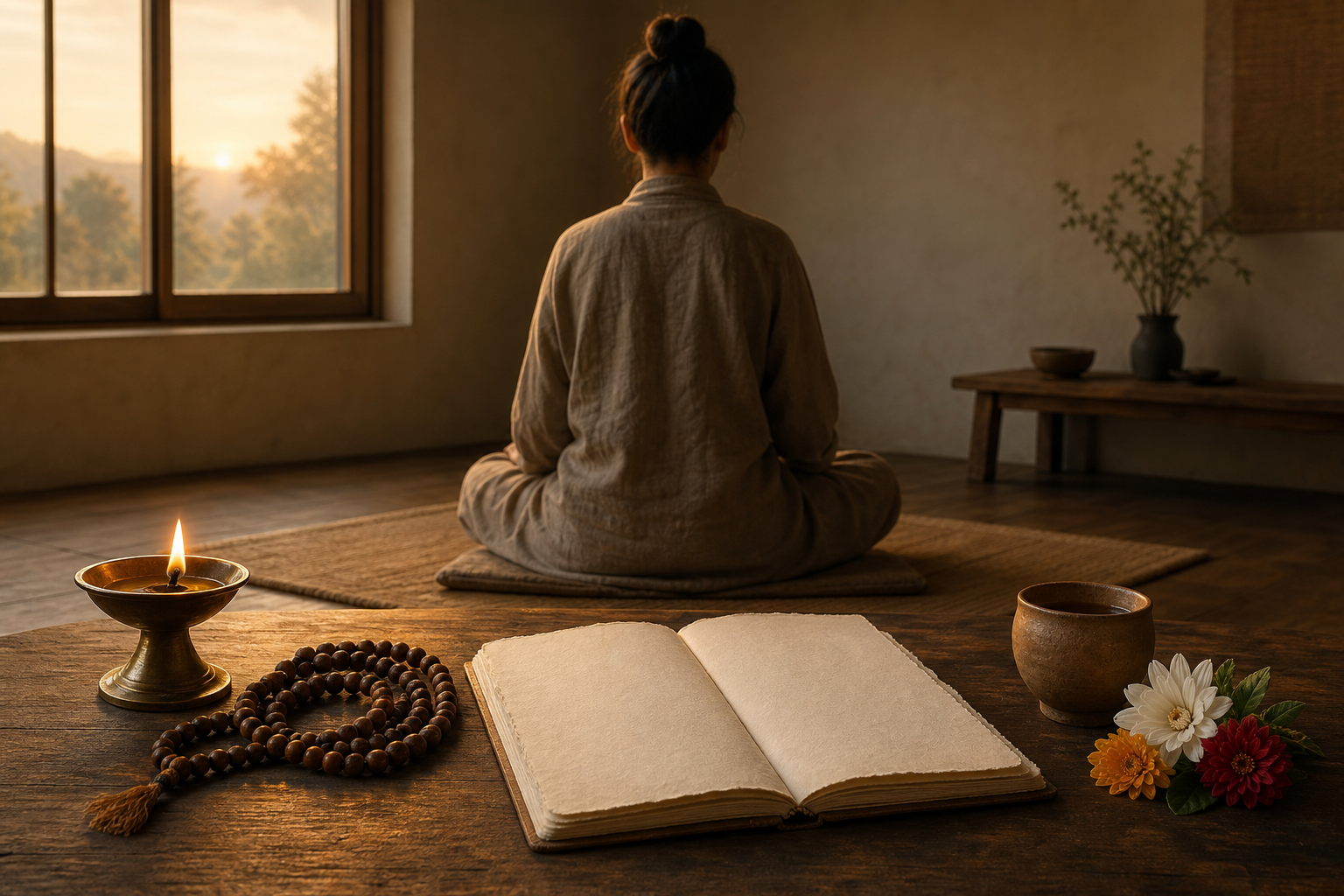 A practitioner meditates beside a small oil lamp, prayer beads, flowers, a clay cup, and a blank journal.