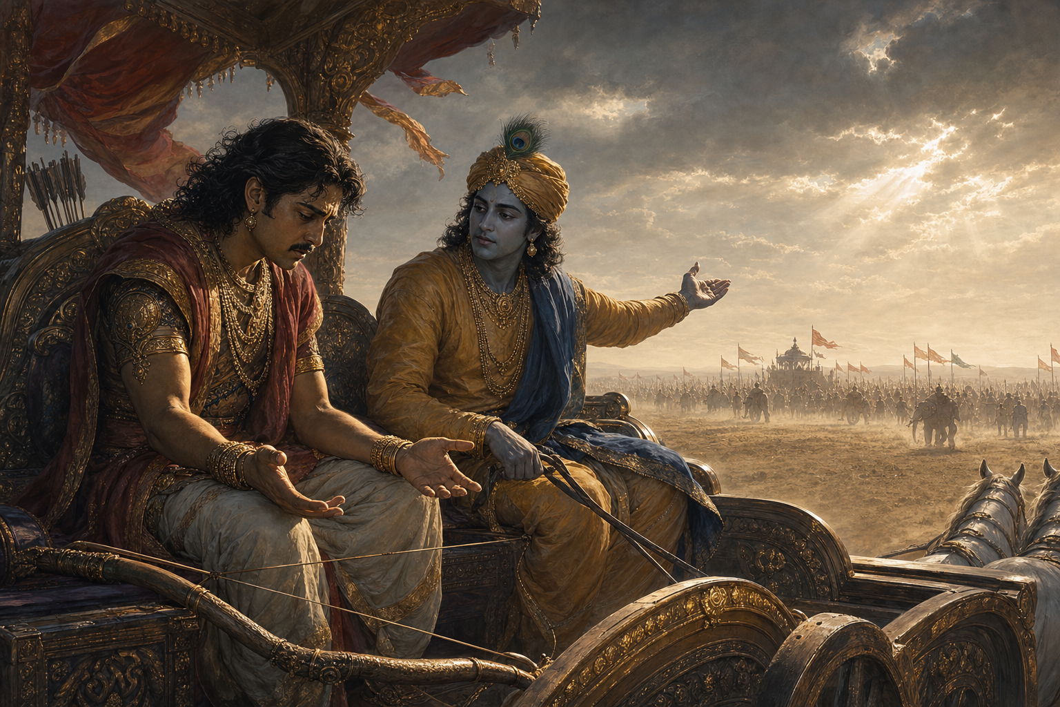 Arjuna sits distressed with his bow lowered inside a battlefield chariot as Krishna calmly gestures toward the duty before him.