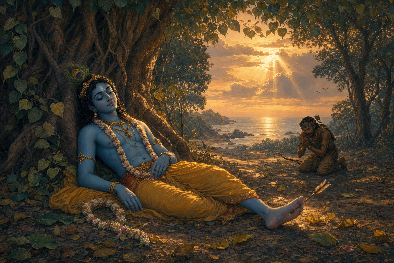 Krishna rests beneath a peepal tree at twilight with an arrow at his heel while the hunter Jara kneels in remorse nearby.