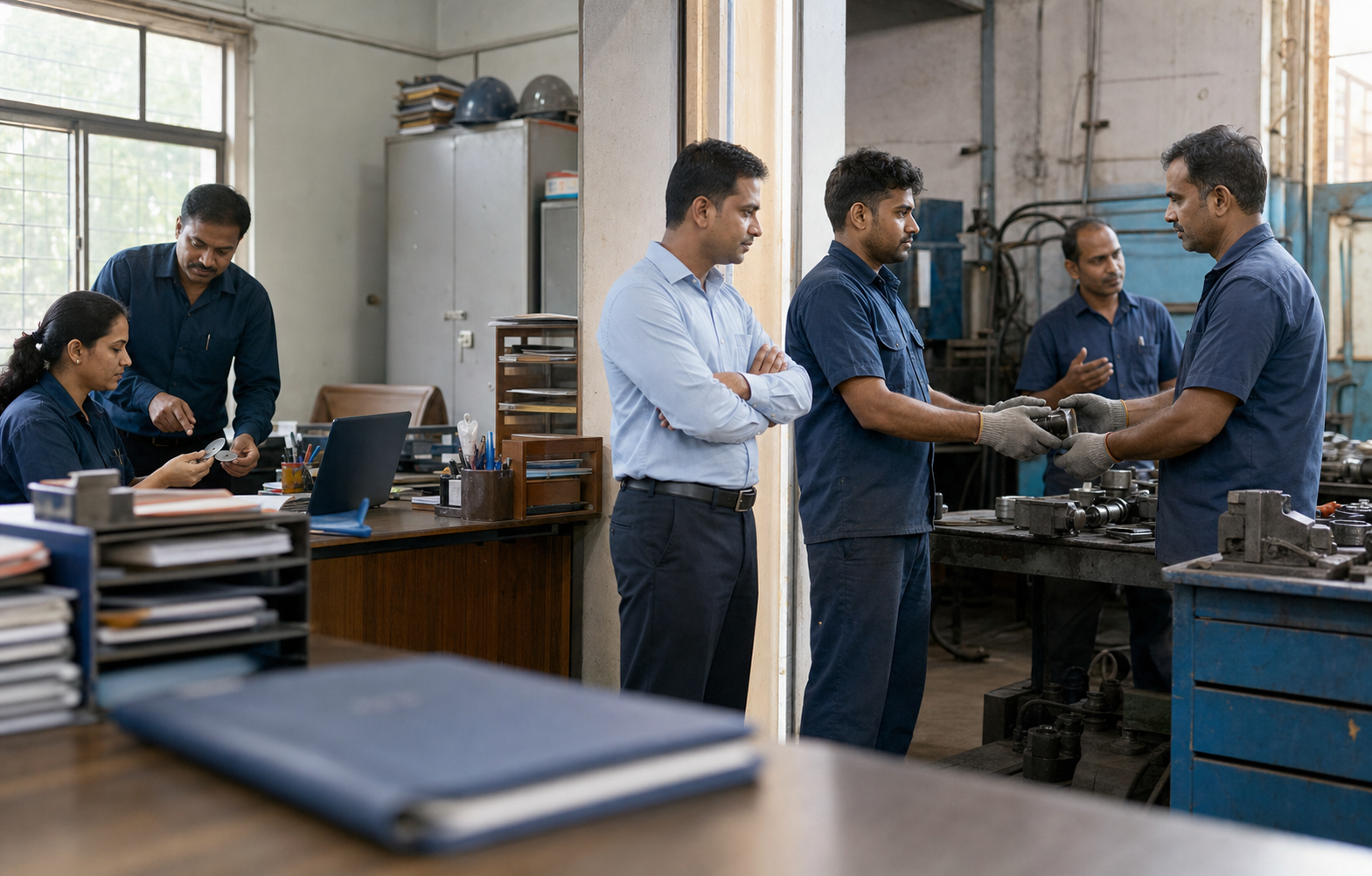 Employees use clear handoffs and peer feedback during normal work while a team leader observes and coaches them.