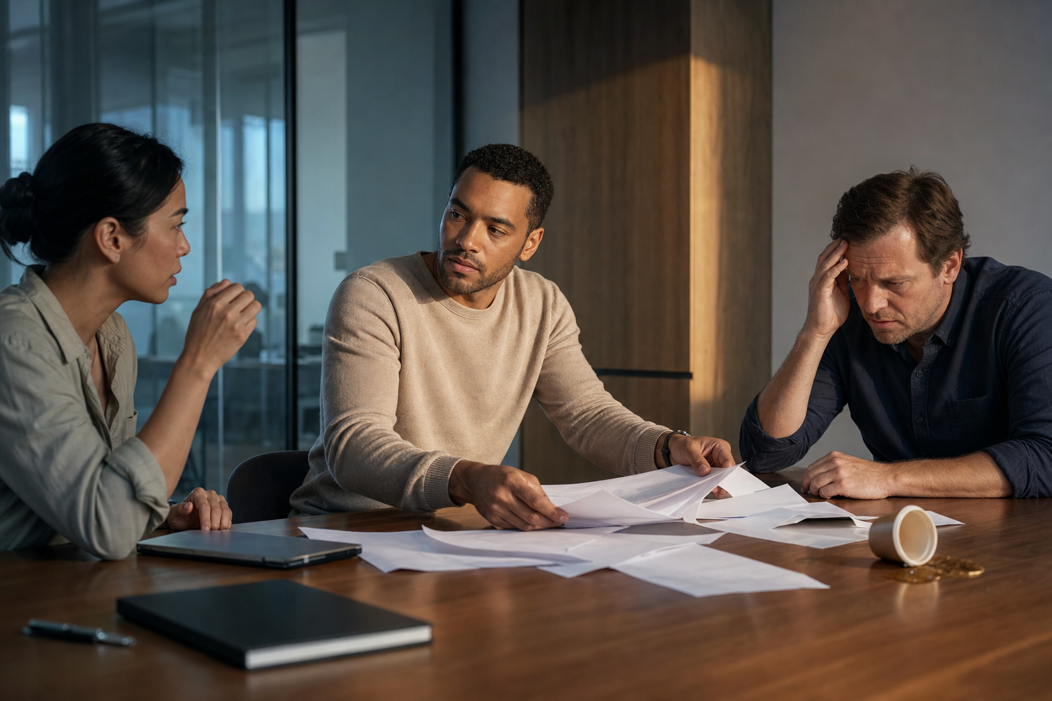 A composed employee gathers spilled papers during a tense workplace meeting while colleagues look on.