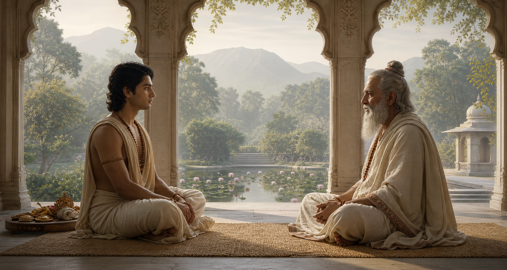 Rama sits attentively on a woven mat across from the sage Vasistha in a quiet pavilion overlooking a lotus pool.
