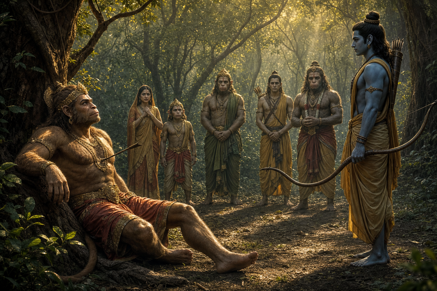 A wounded Vali questions Rama in a forest clearing as Rama stands with his bow lowered and the others watch in silence.