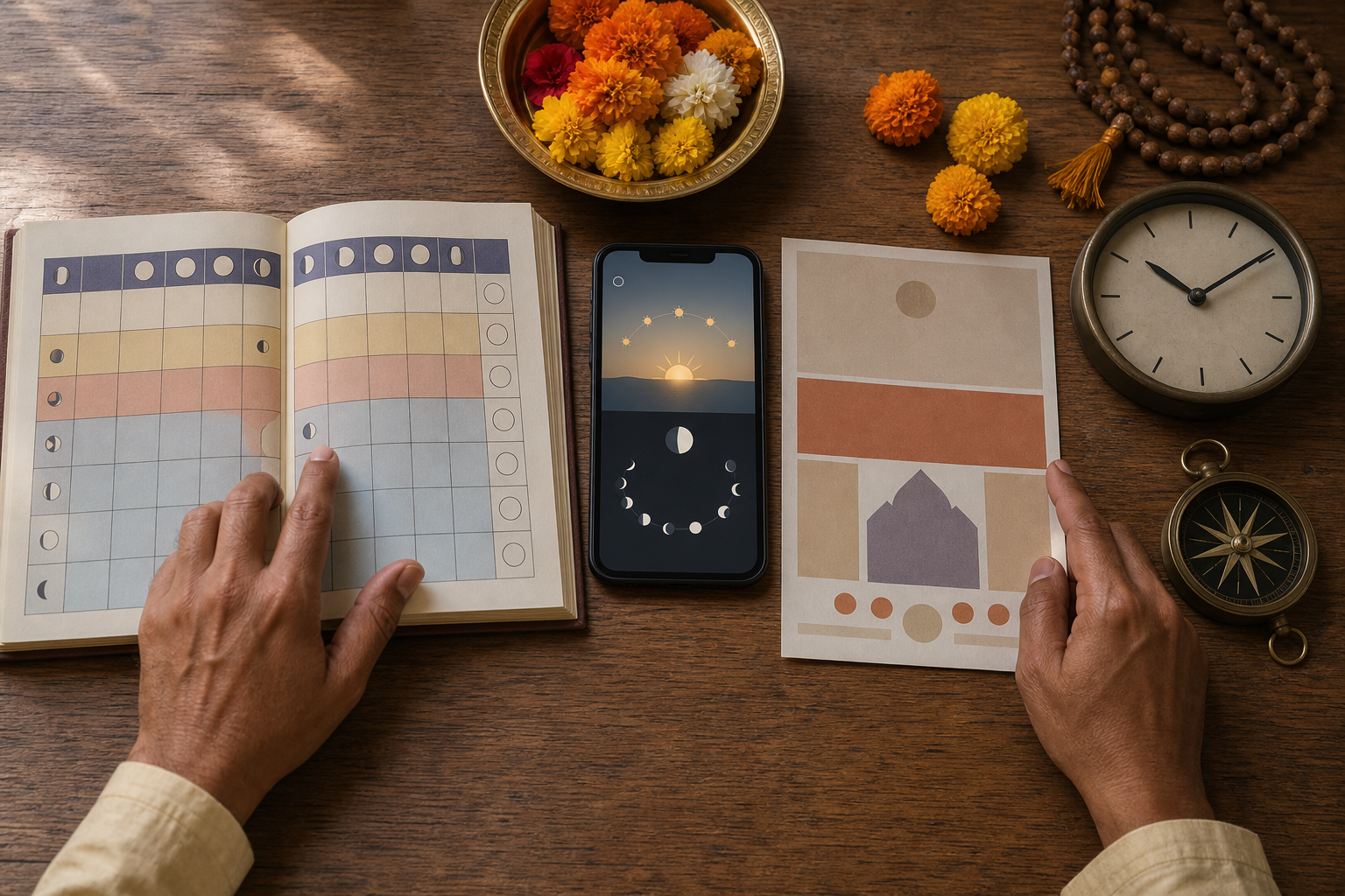 Hands compare an almanac, a smartphone with moon and sunrise symbols, and a temple bulletin beside a clock, prayer beads, and marigolds.
