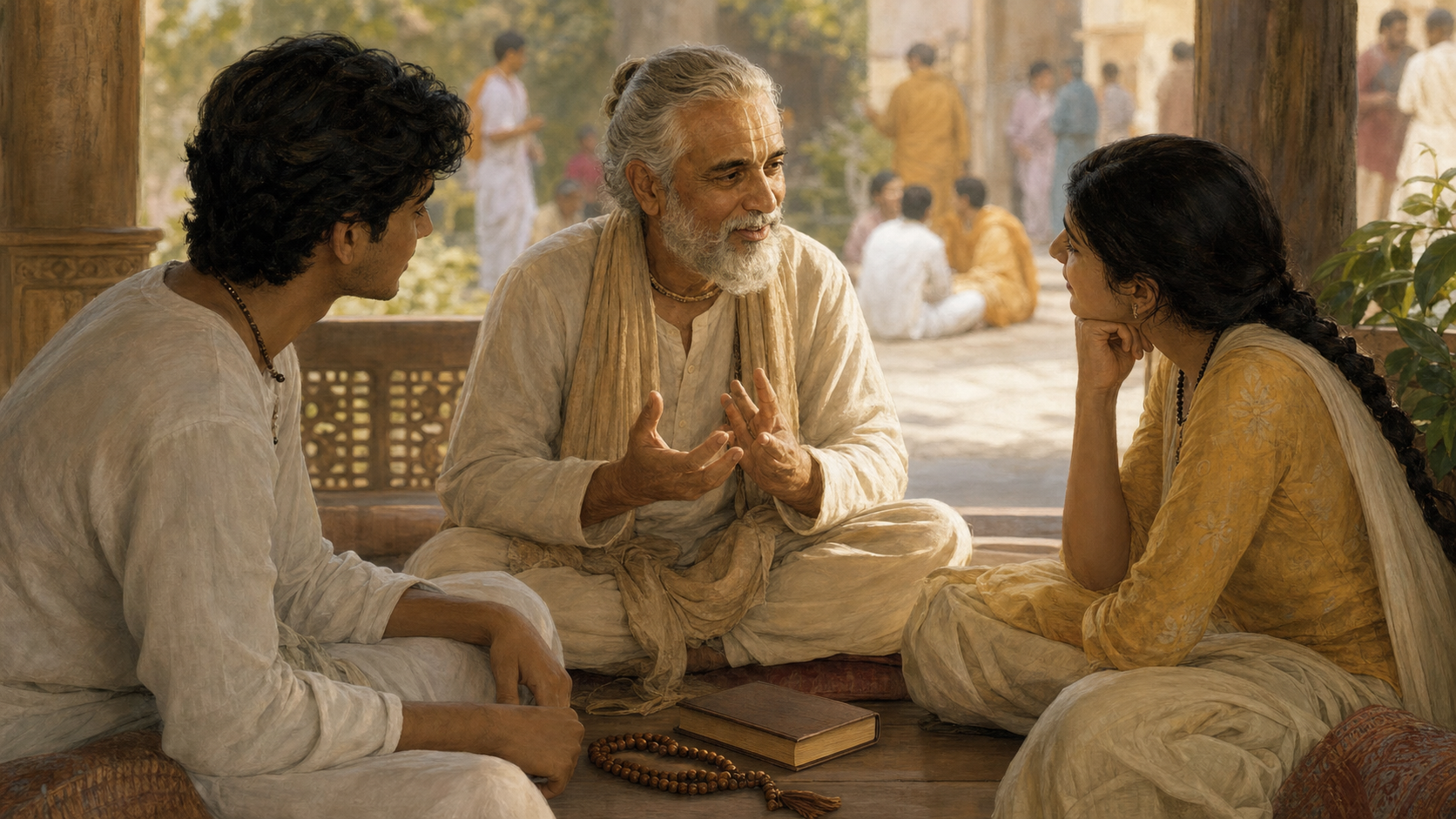 An older Vaishnava practitioner speaks with two younger devotees on a veranda beside prayer beads and a closed book.