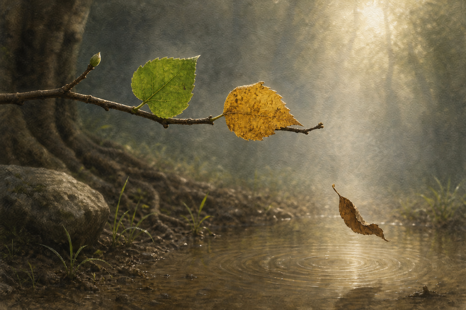 A branch bears a bud and leaves in several stages of life as a dry leaf falls toward rippling water.
