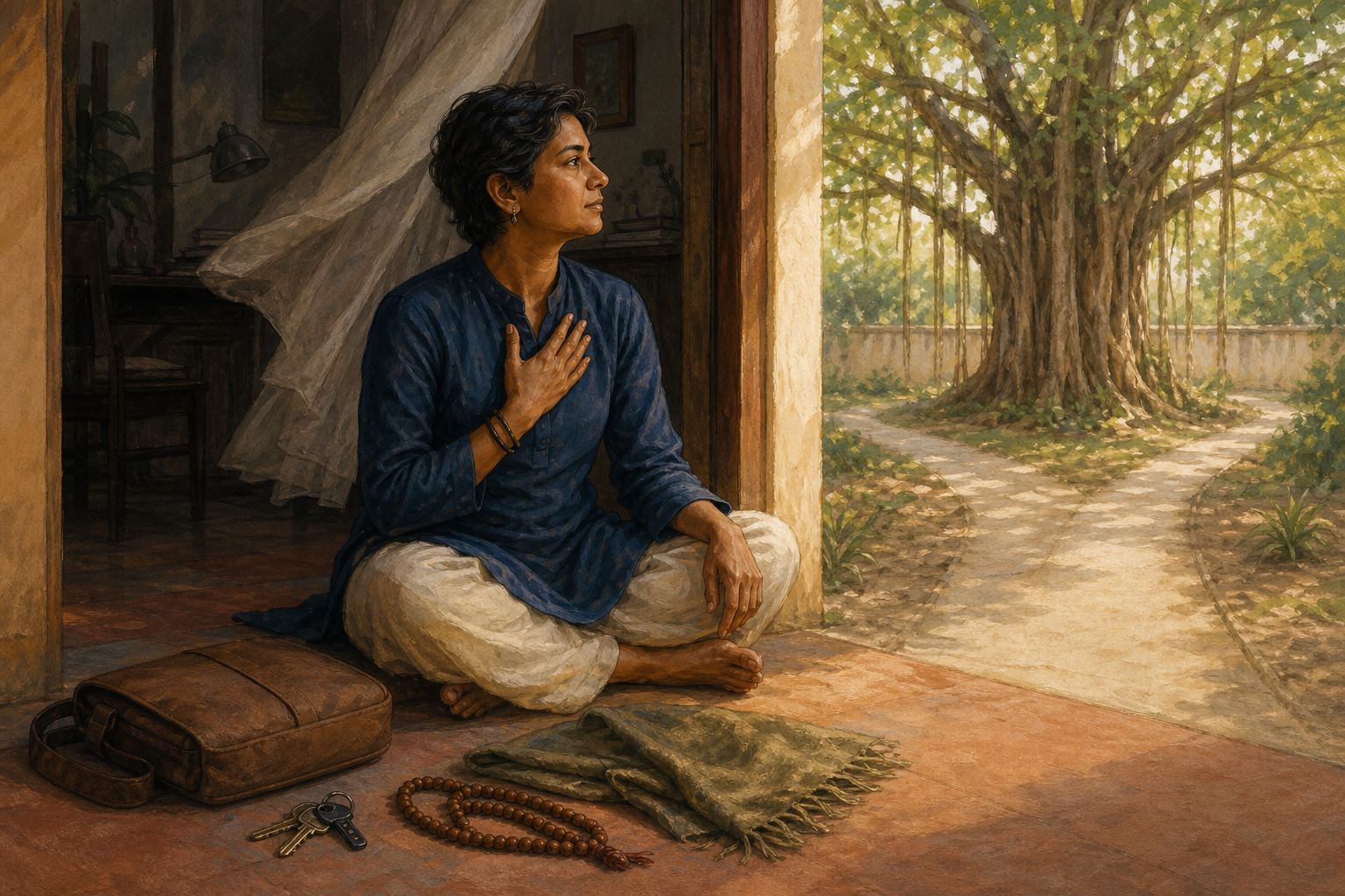 A person pauses at a sunlit threshold beside a work bag, keys, folded shawl, and prayer beads before two paths around a banyan tree.