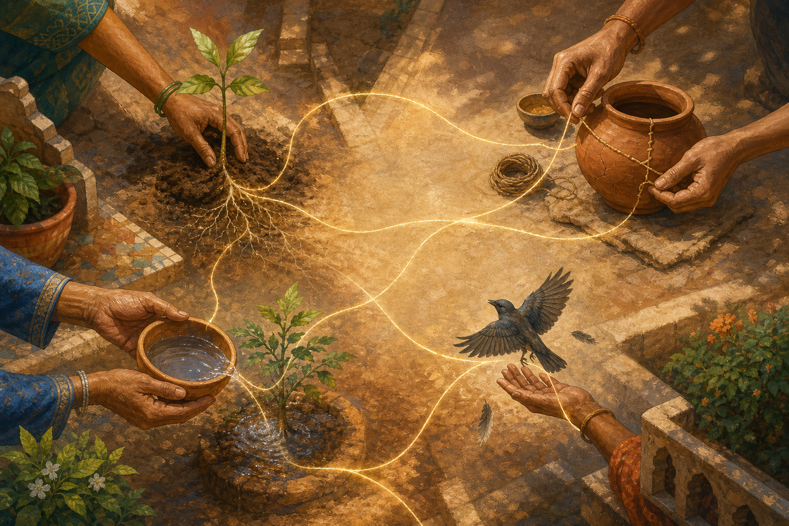 Hands plant, repair, offer water, and release a bird while fine threads connect the actions across a courtyard.