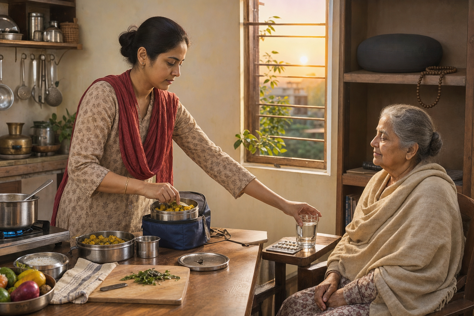 A person prepares food and sets out medicine and water for an older family member in a sunlit home.