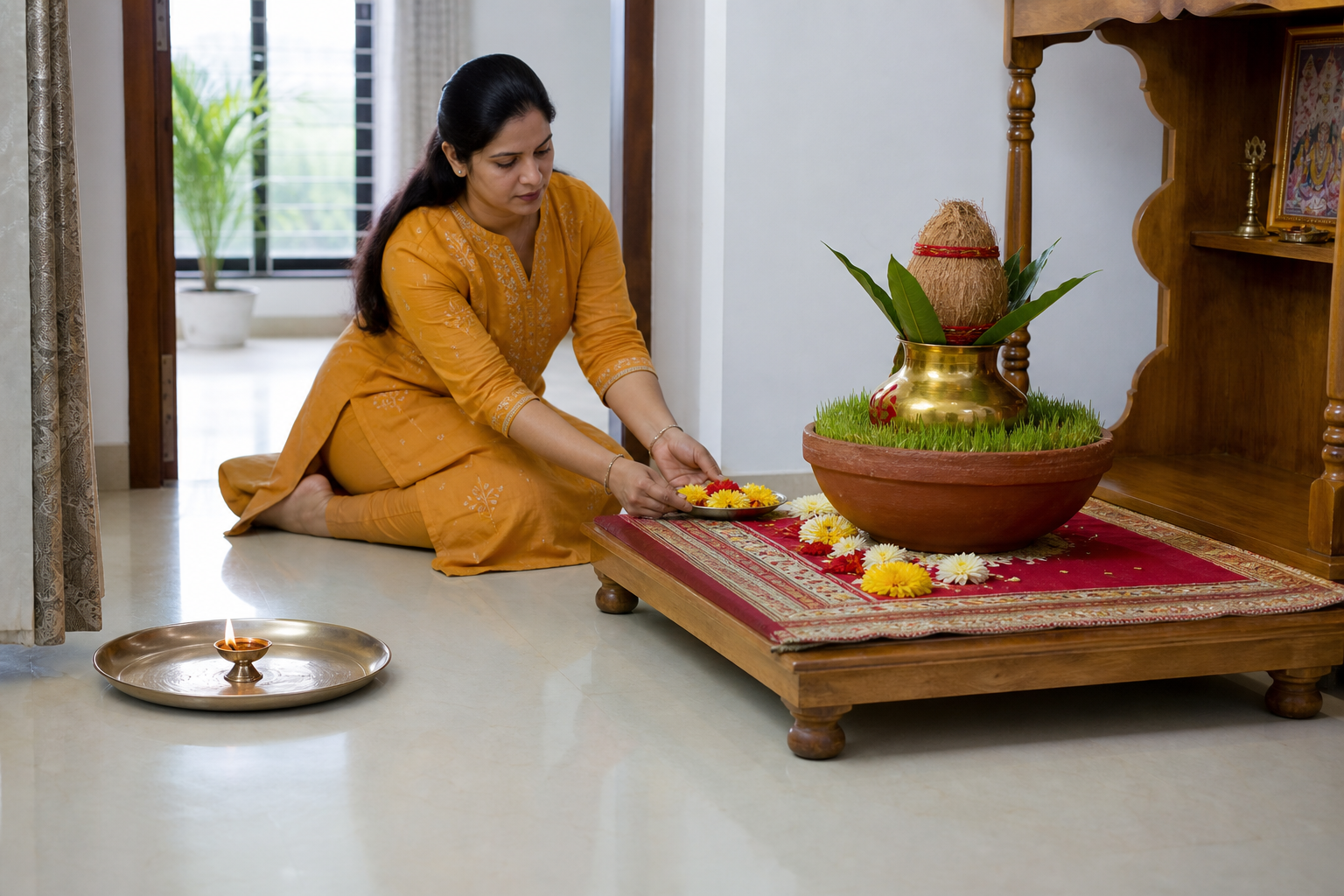 A brass kalash with coconut and mango leaves stands securely in a bowl of soil on a low platform, while a devotee tends a diya placed separately on a metal tray.
