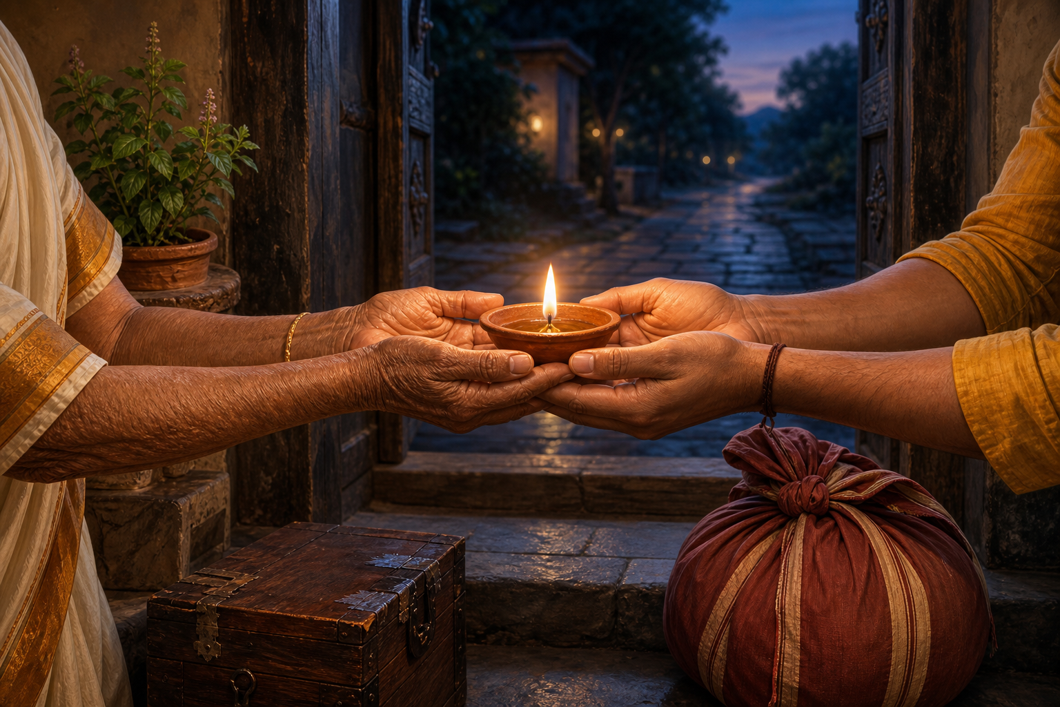 Older and younger hands support the same lit clay lamp during a careful handover at a home threshold.