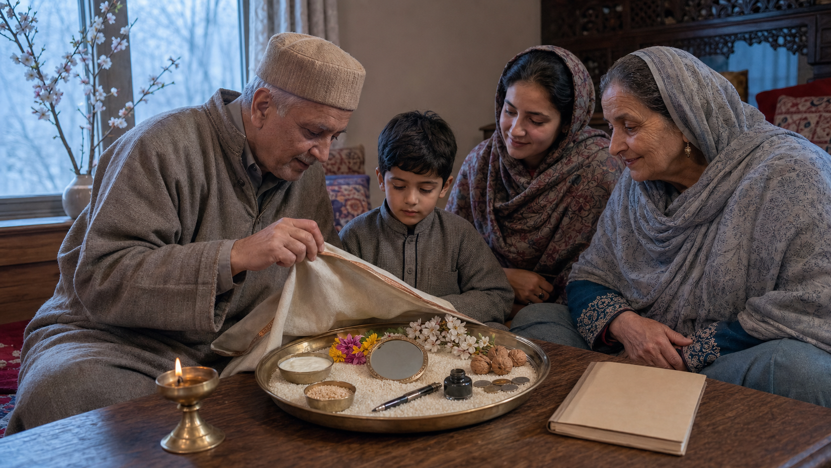 Three generations of a Kashmiri Pandit family gather around a brass Navreh thaal containing rice, a mirror, walnuts, flowers, coins, and ritual objects at dawn.