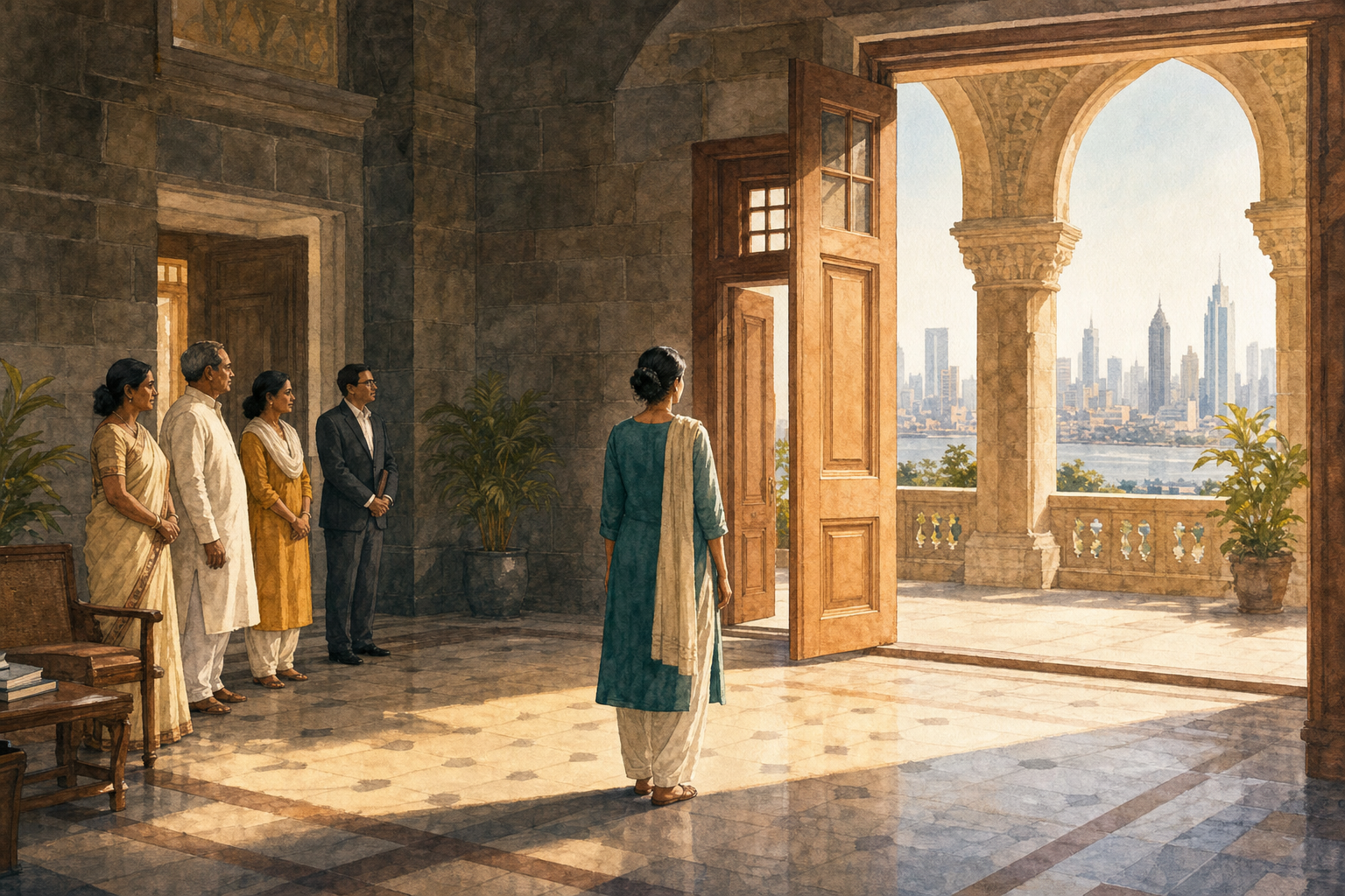 An adult stands before an open doorway in a Maharashtra civic building while relatives and a legal adviser remain at a respectful distance.