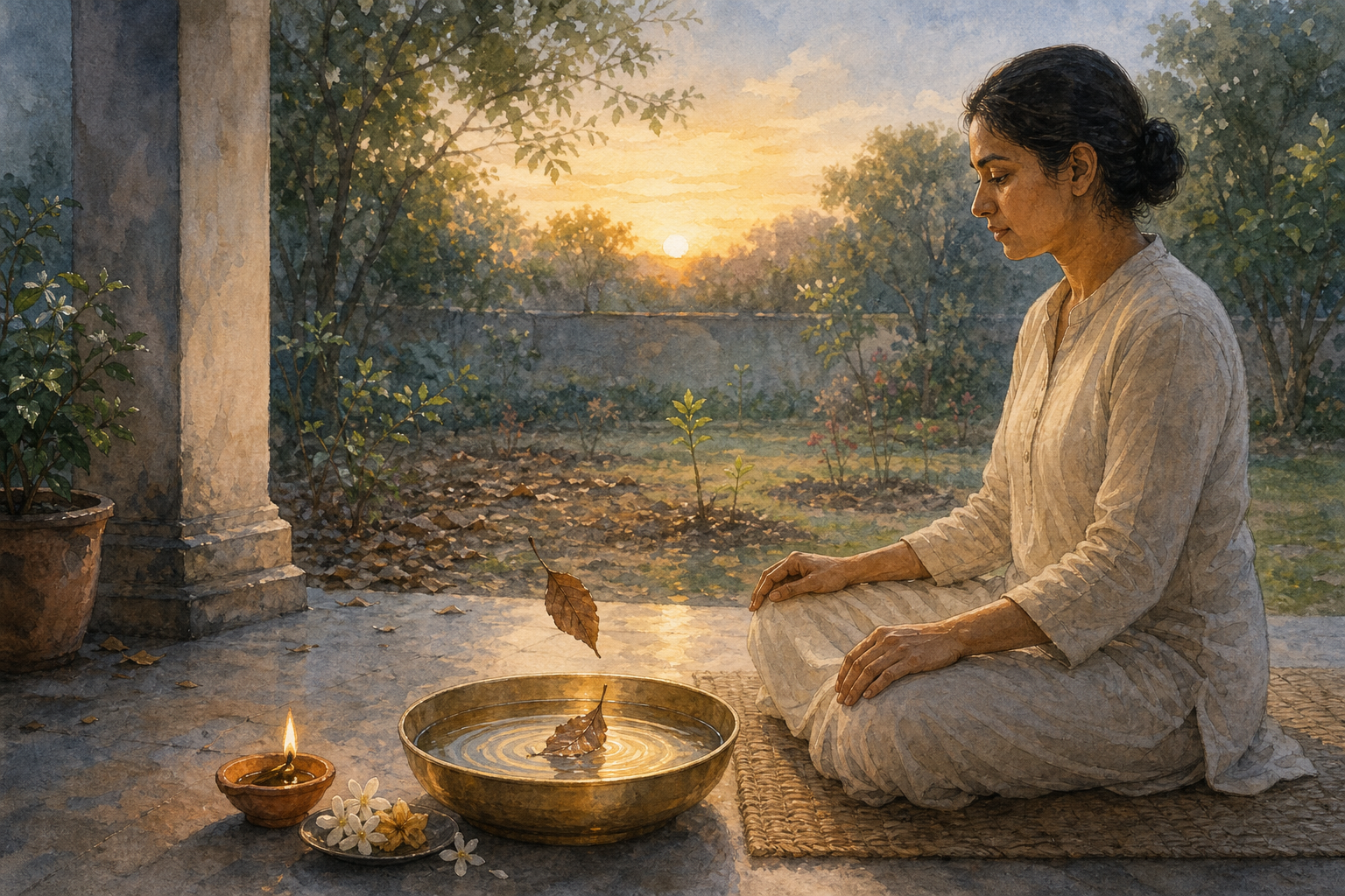 A person meditates at dawn beside a brass water bowl, a nearly spent lamp, and flowers in different stages of fading.