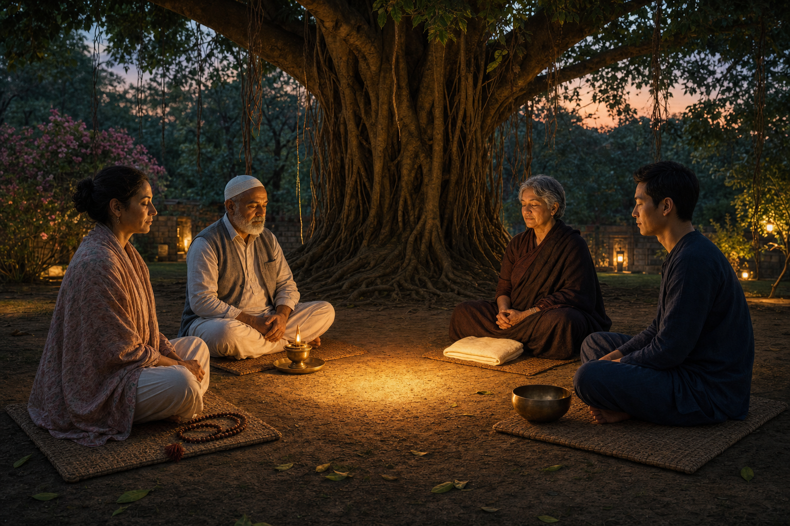 Four people sit on separate mats beneath a banyan tree, with distinct practice objects arranged around a shared pool of lamplight.