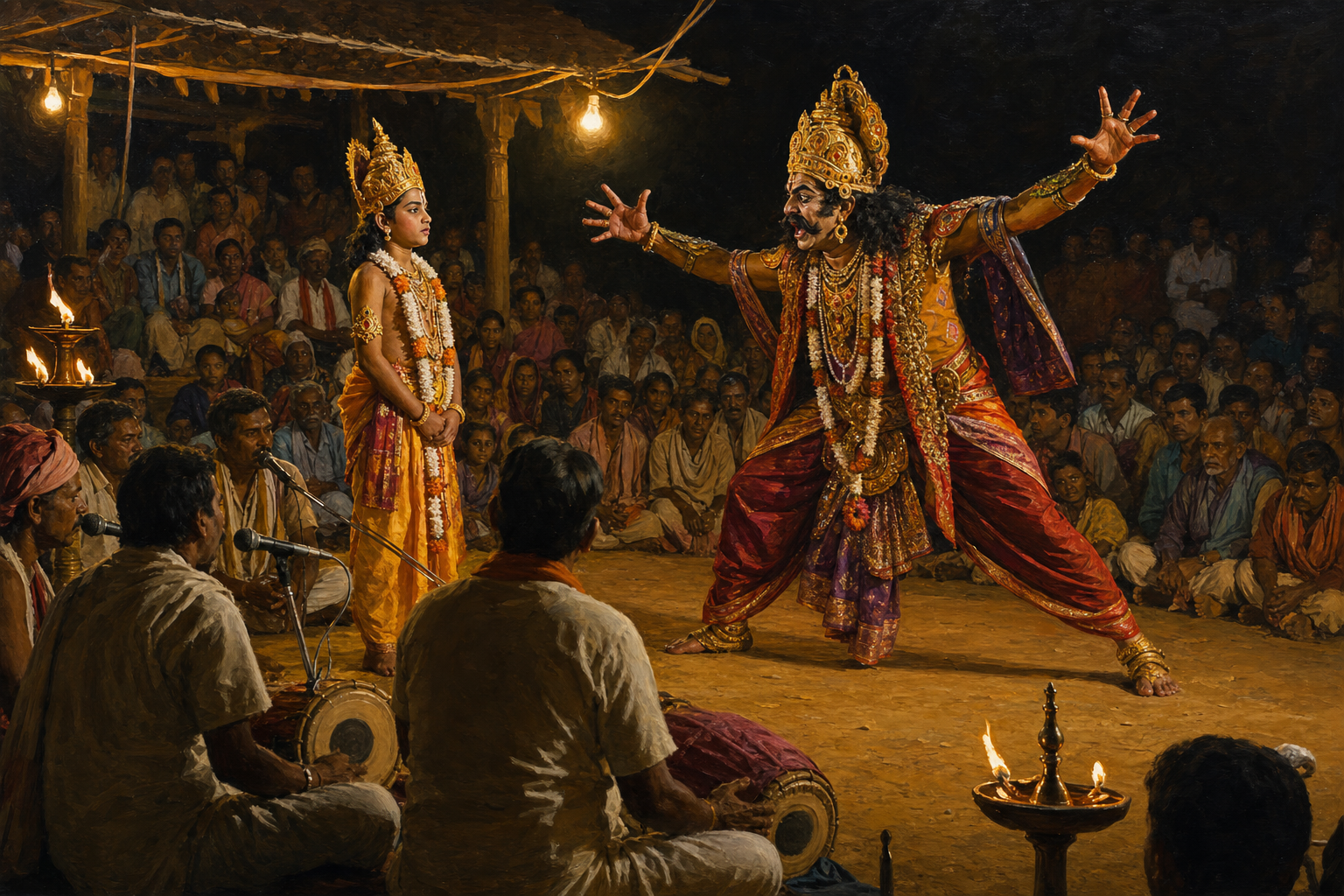 Costumed actors portray Prahlada and King Hiranyakashipu in an open-air night performance surrounded by musicians and spectators.