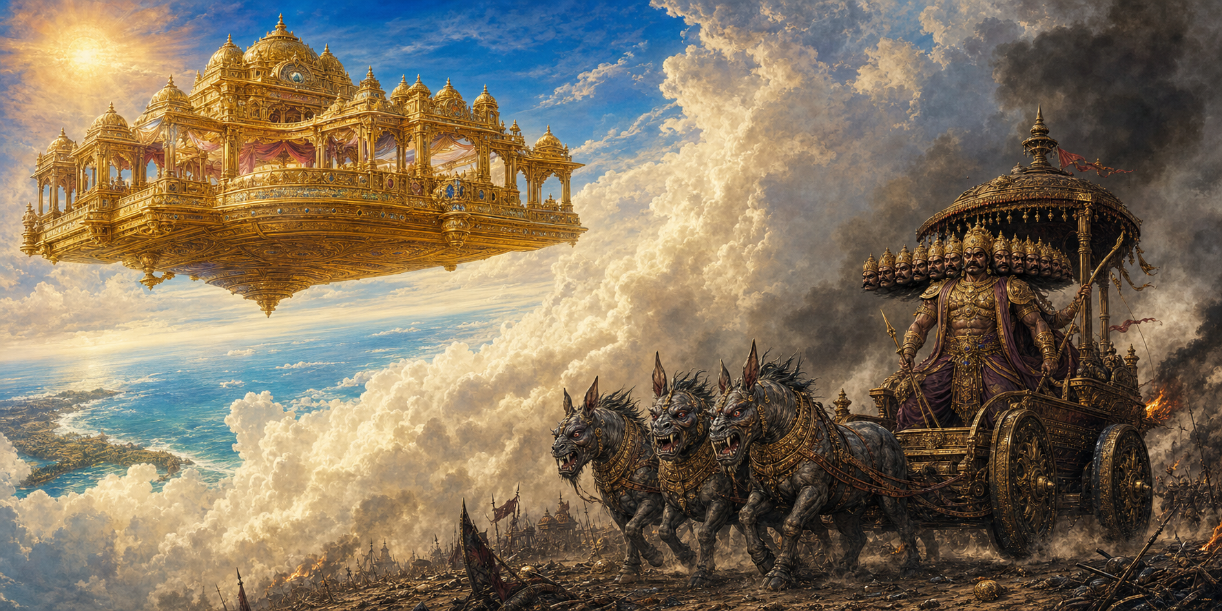 Diptych illustration showing the animal-free Pushpaka flying above clouds and Ravana's separate mule-drawn war chariot crossing a smoky battlefield.