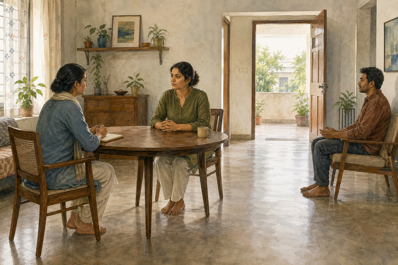 An adult speaks with a counselor at a round table while another person listens from a distance and an open doorway remains unobstructed.