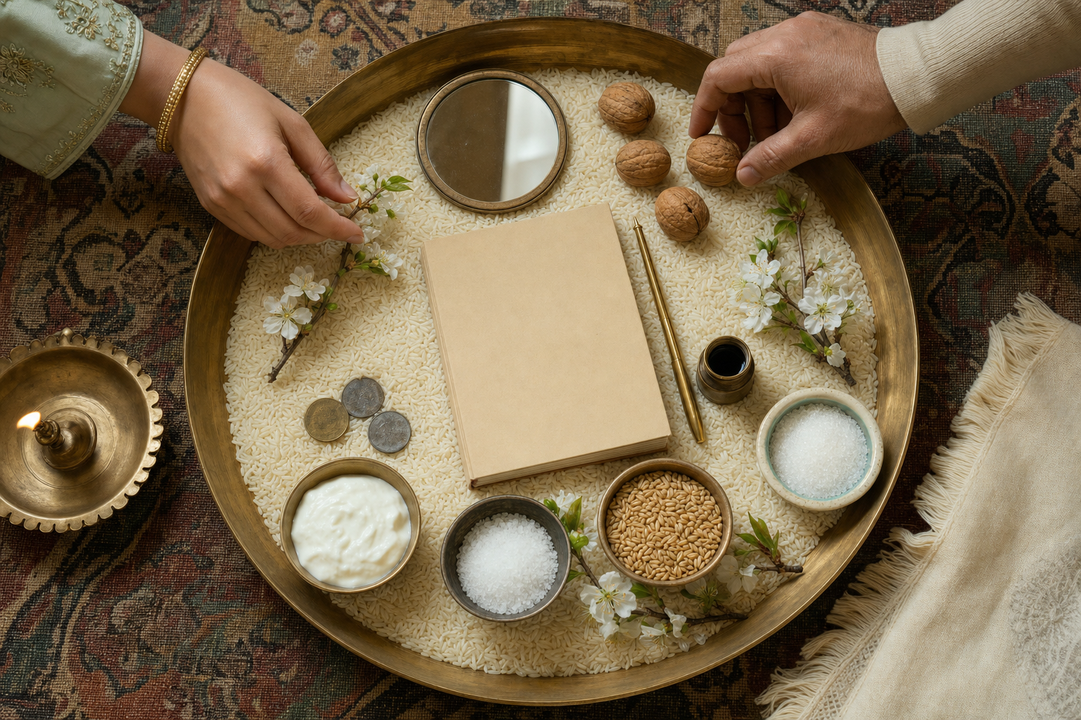 An overhead view of a brass Navreh thaal arranged with rice, a mirror, walnuts, flowers, coins, a pen, an inkpot, and small bowls of food.
