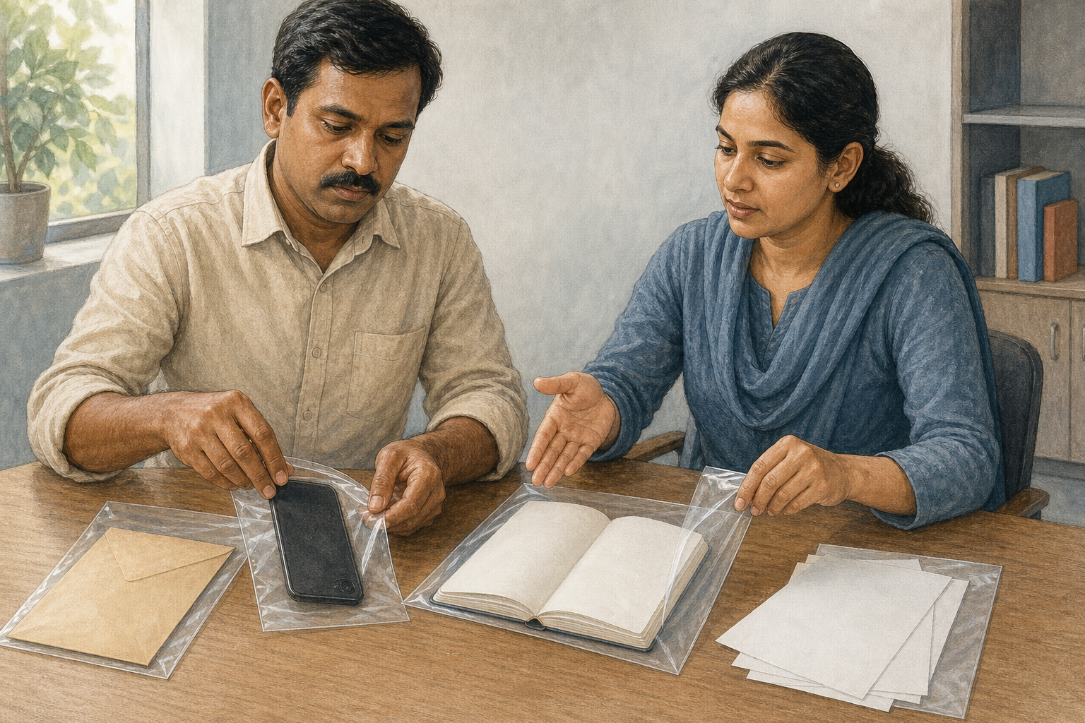 A resident and a legal-aid professional organize a phone, an envelope, and blank paper records into protective sleeves at a desk.