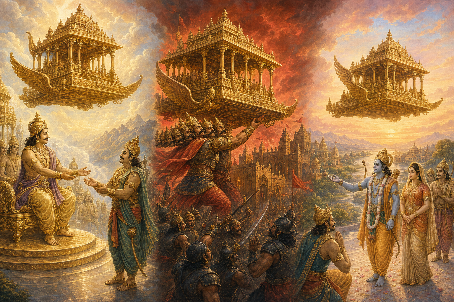 Three-part narrative illustration showing Kubera receiving Pushpaka, Ravana taking it by force, and Rama relinquishing it after returning to Ayodhya.