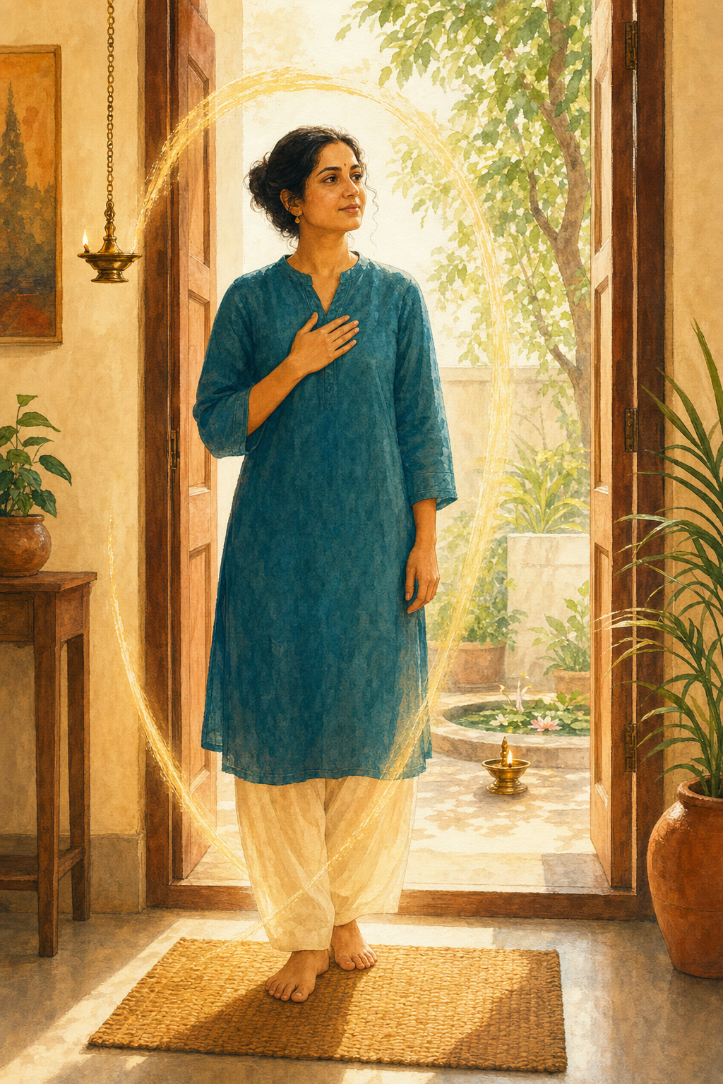 A person pauses calmly in a sunlit doorway with one hand over the heart, surrounded by a soft arc of warm light.